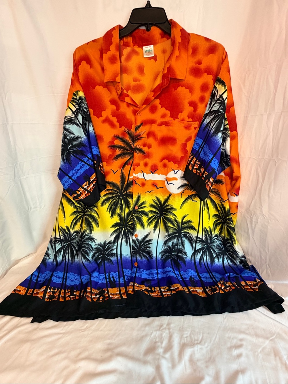 Happy Bay Orange Tropical Sunset Palm Print Button-Up Shirt-4XL